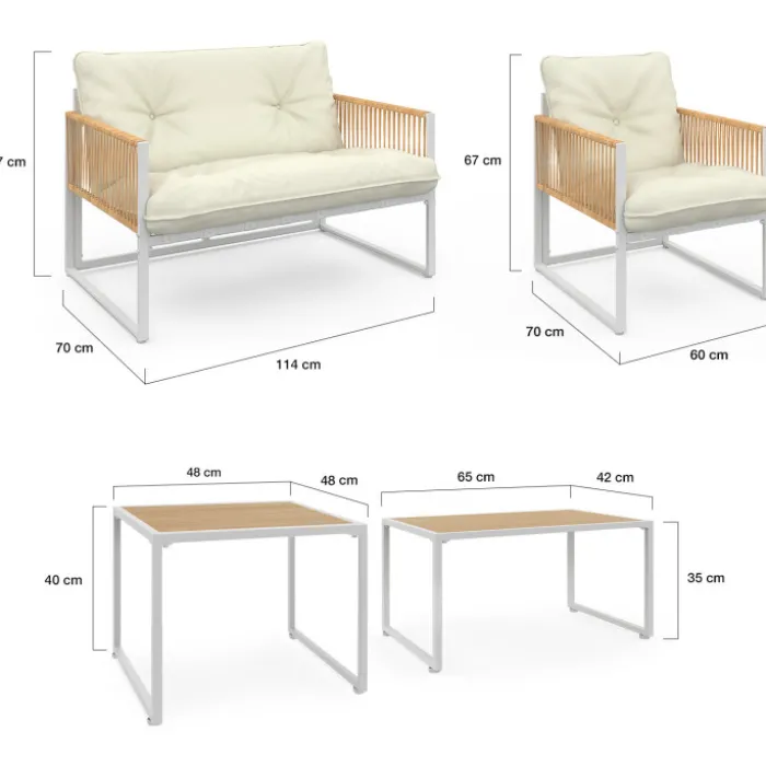 Salon de jardin bas 6 places structure métal blanc et cordage effet rotin avec coussins beige
