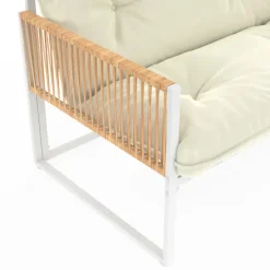 Salon de jardin bas 6 places structure métal blanc et cordage effet rotin avec coussins beige