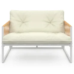 Salon de jardin bas 6 places structure métal blanc et cordage effet rotin avec coussins beige