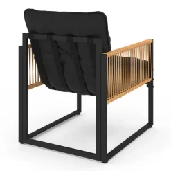 Salon de jardin bas 4 places acier noir, cordage rotin clair et coussins noir