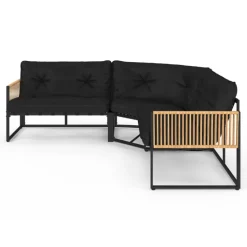 Salon de jardin bas 8 places salon d'angle structure métal noir, cordage effet rotin clair et coussins noirs