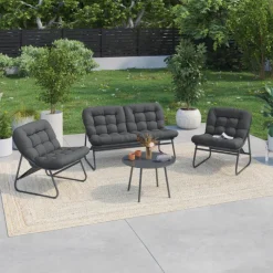 Salon de jardin bas 4 places en métal gris anthracite et coussins gris avec canapé, fauteuils et table