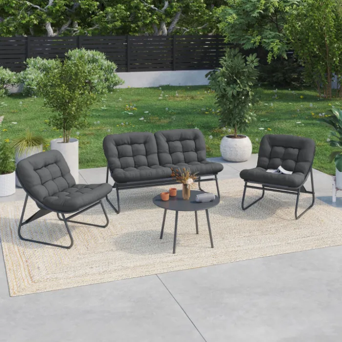 Salon de jardin bas 4 places en métal gris anthracite et coussins gris avec canapé, fauteuils et table