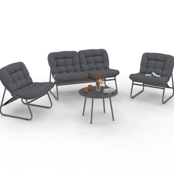 Salon de jardin bas 4 places en métal gris anthracite et coussins gris avec canapé, fauteuils et table