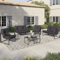 Salon de jardin bas 6 places en acier coloris gris anthracite