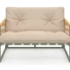 Salon de jardin bas 4 places structure métal vert, cordage effet rotin clair et coussins beige