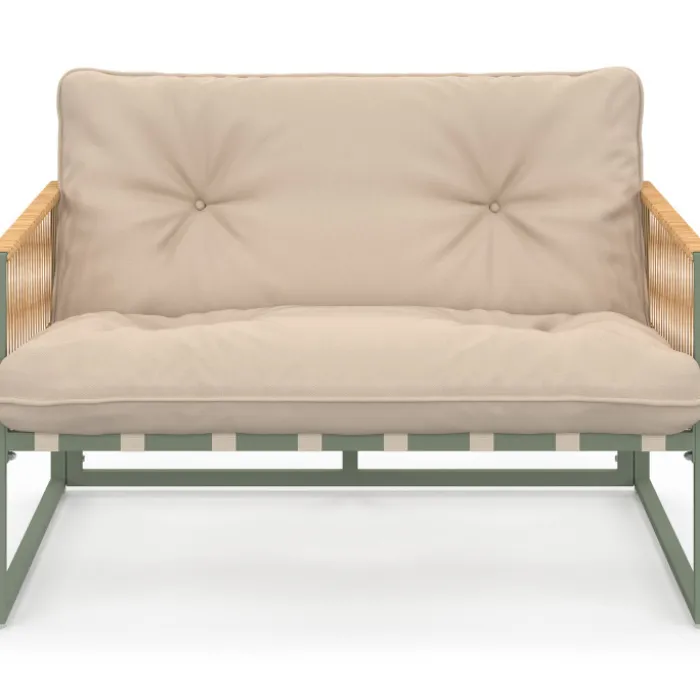 Salon de jardin bas 4 places structure métal vert, cordage effet rotin clair et coussins beige