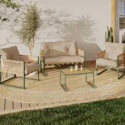 Salon de jardin bas 4 places structure métal vert, cordage effet rotin clair et coussins beige