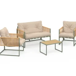 Salon de jardin bas 4 places structure métal vert, cordage effet rotin clair et coussins beige