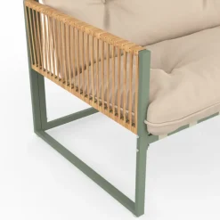 Salon de jardin bas 4 places structure métal vert, cordage effet rotin clair et coussins beige