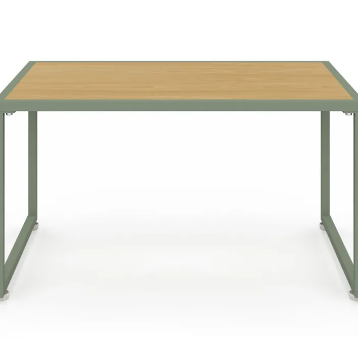 Salon de jardin bas 4 places structure métal vert, cordage effet rotin clair et coussins beige