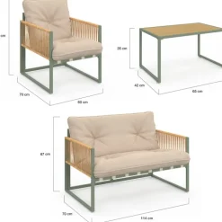 Salon de jardin bas 4 places structure métal vert, cordage effet rotin clair et coussins beige