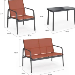 Salon de jardin bas 4 places avec canapé, fauteuils et table terracotta