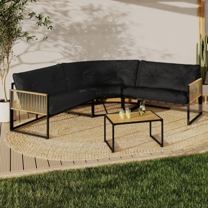 Salon de jardin bas 6 places salon d'angle structure métal noir, cordage effet rotin avec coussins noirs