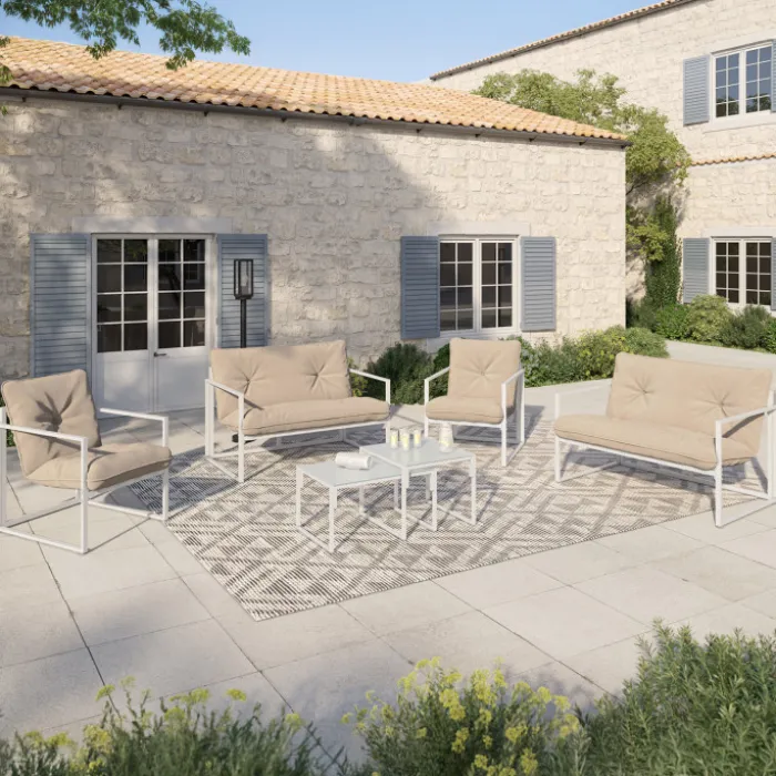 Salon de jardin bas 6 places en acier blanc et coussins beige