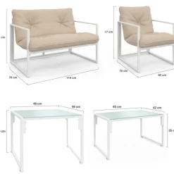 Salon de jardin bas 6 places en acier blanc et coussins beige