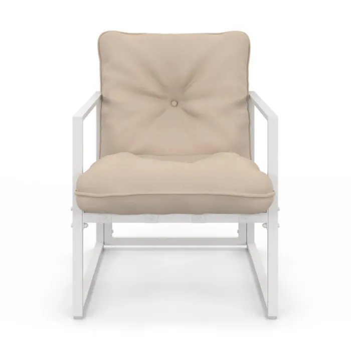 Salon de jardin bas 6 places en acier blanc et coussins beige