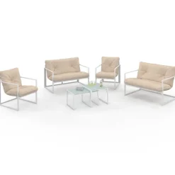 Salon de jardin bas 6 places en acier blanc et coussins beige