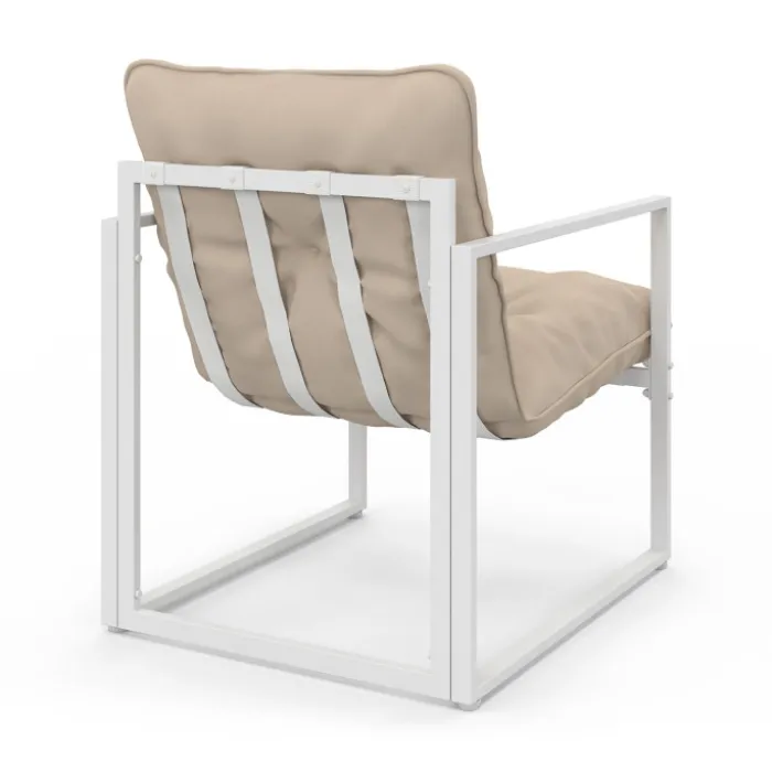 Salon de jardin bas 6 places en acier blanc et coussins beige