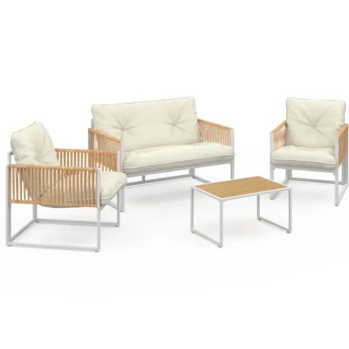 Salon de jardin bas 4 places acier blanc, cordage rotin clair et coussins beige
