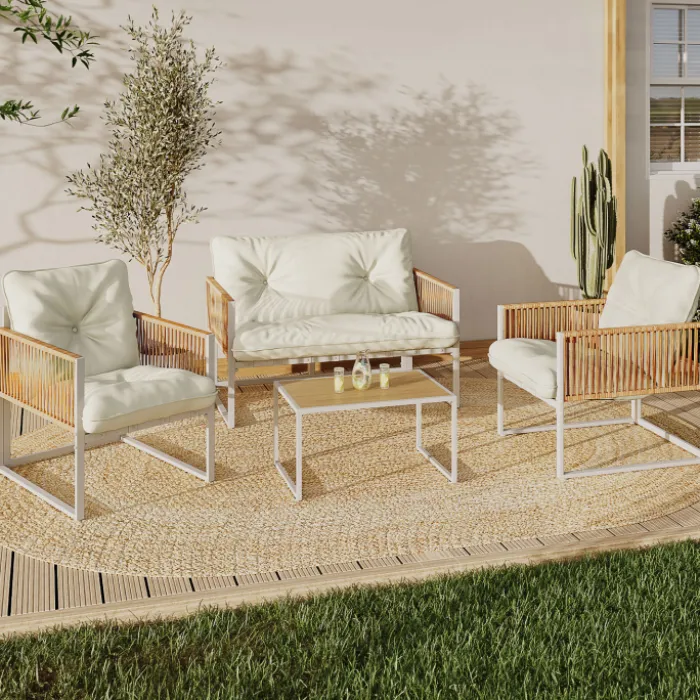 Salon de jardin bas 4 places acier blanc, cordage rotin clair et coussins beige