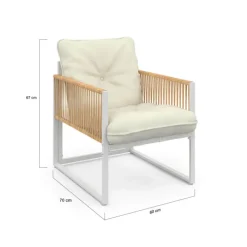 Salon de jardin bas 4 places acier blanc, cordage rotin clair et coussins beige