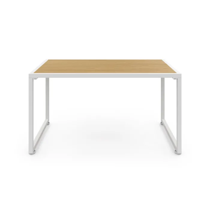 Salon de jardin bas 4 places acier blanc, cordage rotin clair et coussins beige