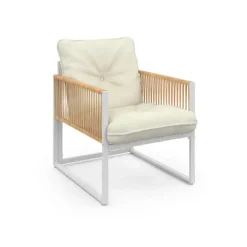Salon de jardin bas 4 places acier blanc, cordage rotin clair et coussins beige