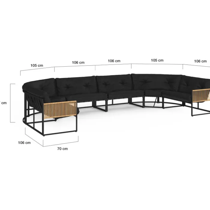 Salon de jardin bas 12 places salon d'angle structure métal noir, cordage effet rotin avec coussins noirs
