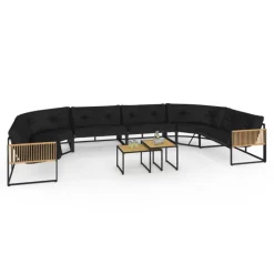 Salon de jardin bas 12 places salon d'angle structure métal noir, cordage effet rotin avec coussins noirs