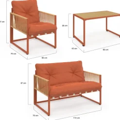 Salon de jardin bas 4 places structure métal terracotta, cordage effet rotin avec coussins terracotta