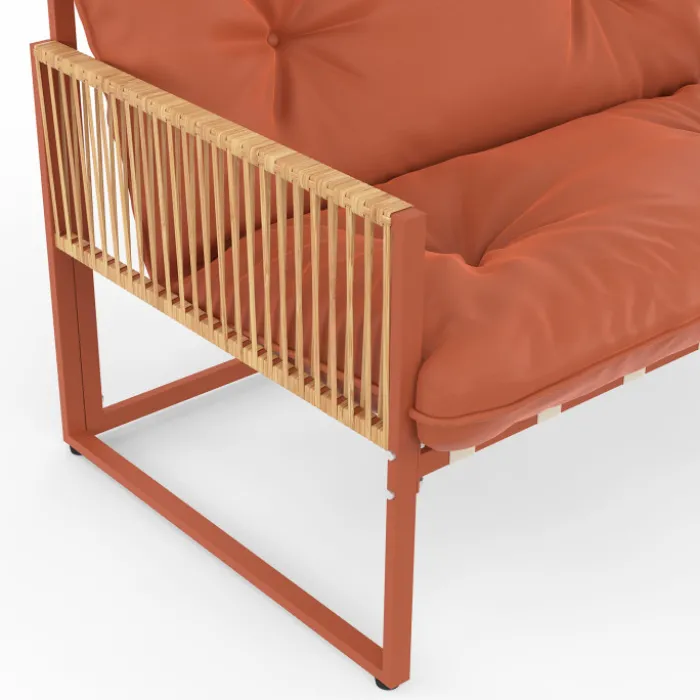 Salon de jardin bas 4 places structure métal terracotta, cordage effet rotin avec coussins terracotta