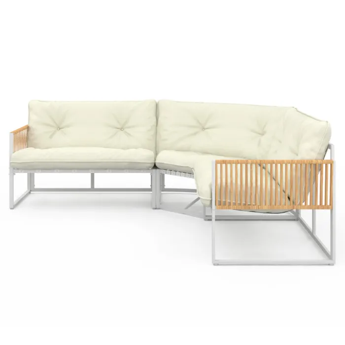 Salon de jardin bas 8 places salon d'angle structure métal blanc, cordage effet rotin avec coussins beige