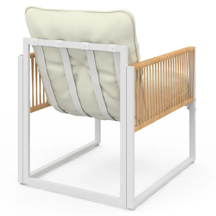 Salon de jardin bas 8 places salon d'angle structure métal blanc, cordage effet rotin avec coussins beige