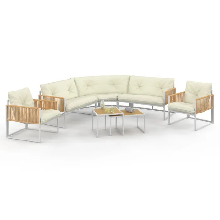 Salon de jardin bas 8 places salon d'angle structure métal blanc, cordage effet rotin avec coussins beige
