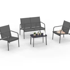 Salon de jardin bas 4 places avec canapé, fauteuils et table gris anthracite