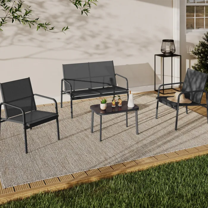 Salon de jardin bas 4 places avec canapé, fauteuils et table gris anthracite