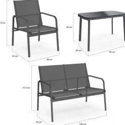 Salon de jardin bas 4 places avec canapé, fauteuils et table gris anthracite
