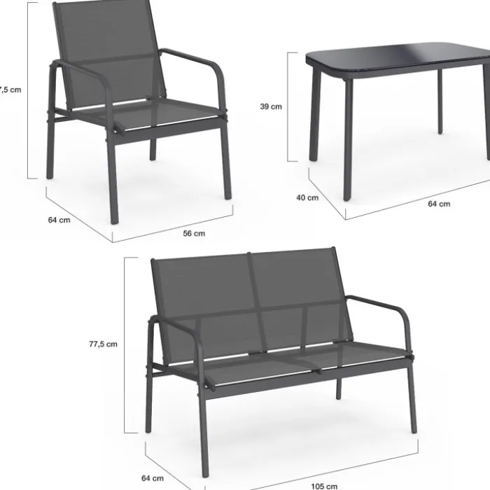Salon de jardin bas 4 places avec canapé, fauteuils et table gris anthracite