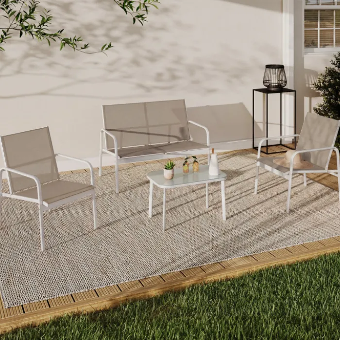 Salon de jardin bas 4 places avec canapé, fauteuils et table blanc et beige