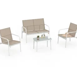 Salon de jardin bas 4 places avec canapé, fauteuils et table blanc et beige