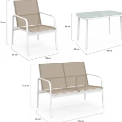 Salon de jardin bas 4 places avec canapé, fauteuils et table blanc et beige