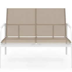 Salon de jardin bas 4 places avec canapé, fauteuils et table blanc et beige