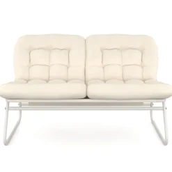 Salon de jardin bas 4 places en métal blanc et coussins beige avec canapé, fauteuils et table
