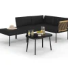 Salon de jardin bas RIO 4 places modulable structure métal noir, cordage effet rotin clair avec coussins noirs