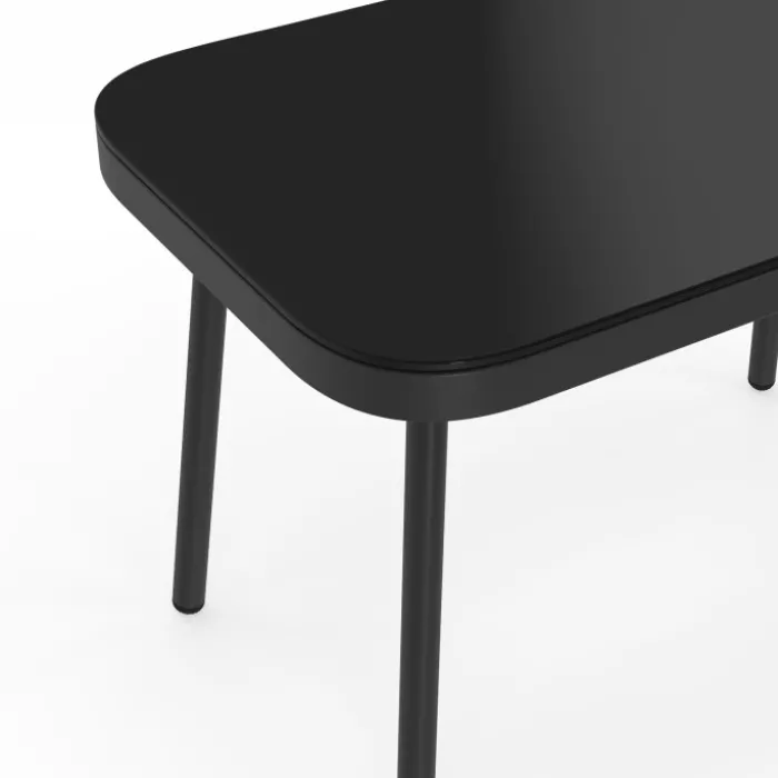 Salon de jardin bas RIO 4 places modulable structure métal noir, cordage effet rotin clair avec coussins noirs