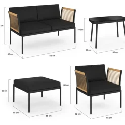 Salon de jardin bas RIO 4 places modulable structure métal noir, cordage effet rotin clair avec coussins noirs