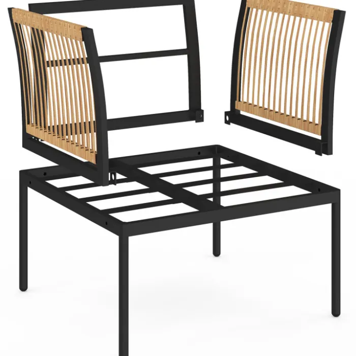 Salon de jardin bas RIO 4 places modulable structure métal noir, cordage effet rotin clair avec coussins noirs