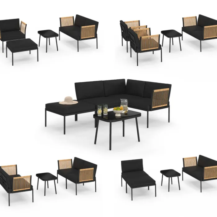Salon de jardin bas RIO 4 places modulable structure métal noir, cordage effet rotin clair avec coussins noirs