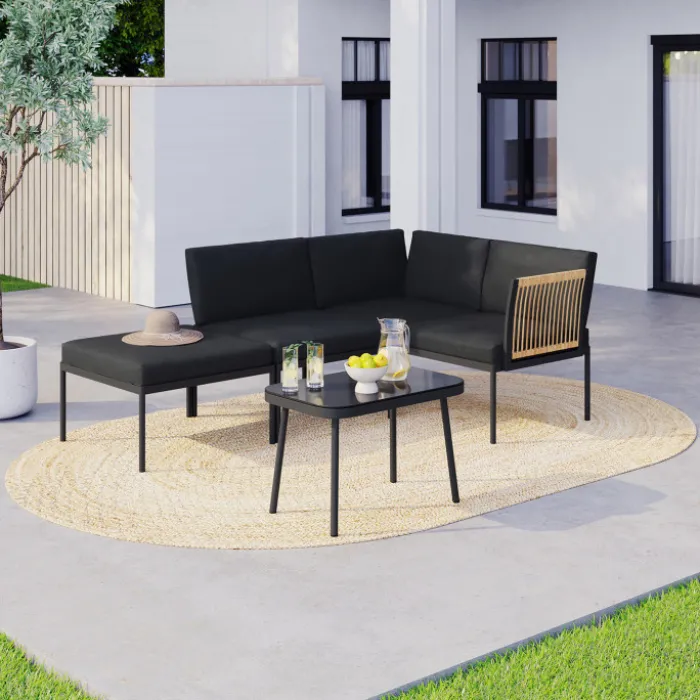 Salon de jardin bas RIO 4 places modulable structure métal noir, cordage effet rotin clair avec coussins noirs